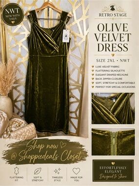 Retro Stage Olive Green Velvet Dress NWT Size 2XL Midi Glam
